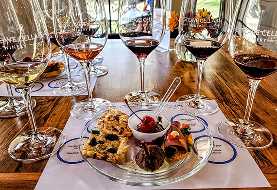 wine tasting flight and food pairing at Westcave Cellars Winery & Brewery